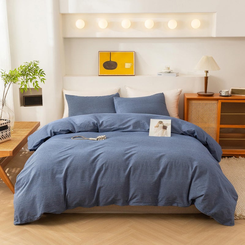 ECOCOTT Denim Blue Duvet Cover King Size, 100% Washed Cotton 1 Duvet Cover with Zipper and 2 Pillowcases, Ultra Soft and Easy Care Breathable Cozy Bedding Set (Denim Blue, King) - Image 1